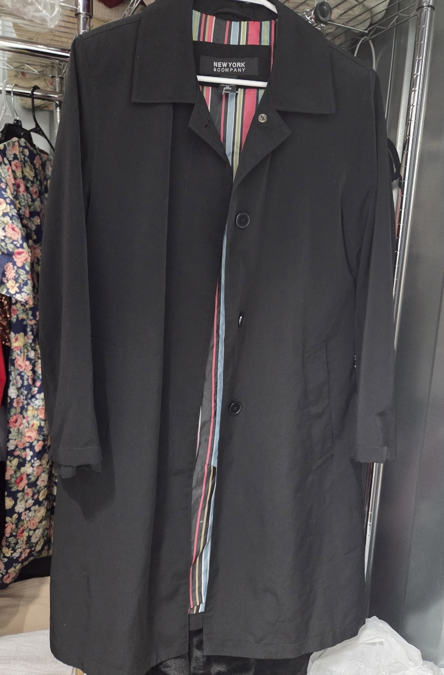 New York & Company Black Trench Coat with Multicolor Striped Lining